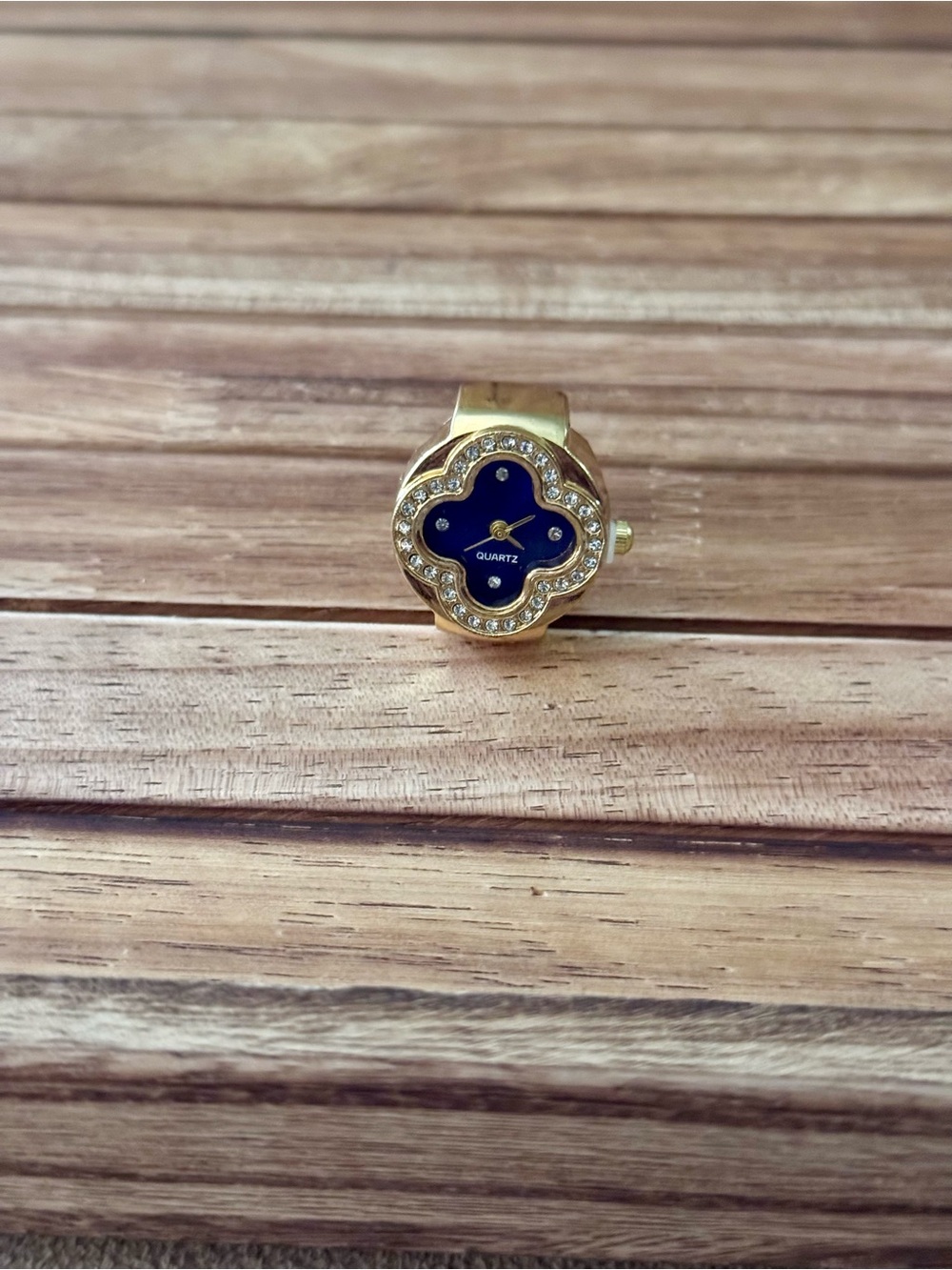 Gold-Tone Blue Clover Quartz Ring Watch with Crystal Accents